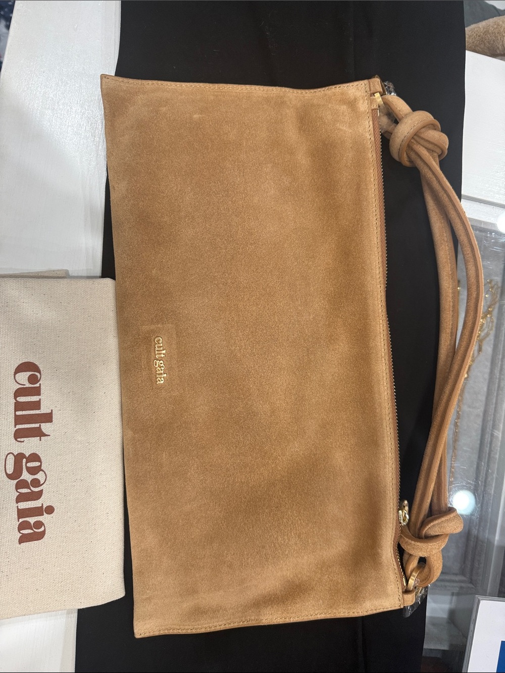 cult gaia Camel Suede Knot-Handle Wristlet Clutch